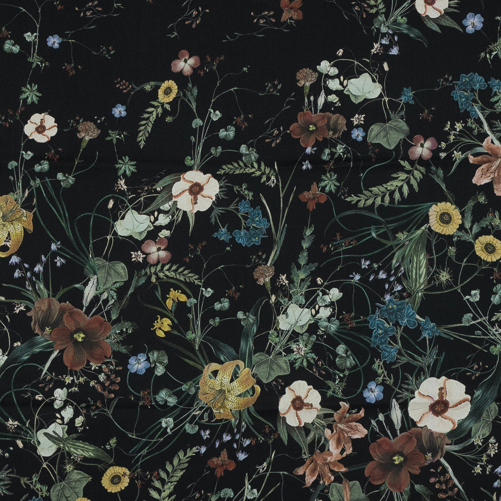 Stretch Cotton Sateen - Black Floral - Persephone's Bouquet Print - Mood Exclusive Gaia Collection
