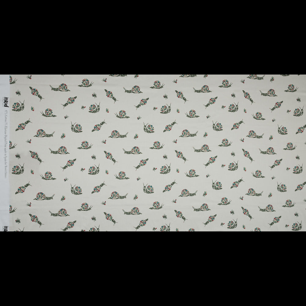 Stretch Cotton Sateen - White Floral Snails - The Snail's Bounty Print - Mood Exclusive Gaia Collection