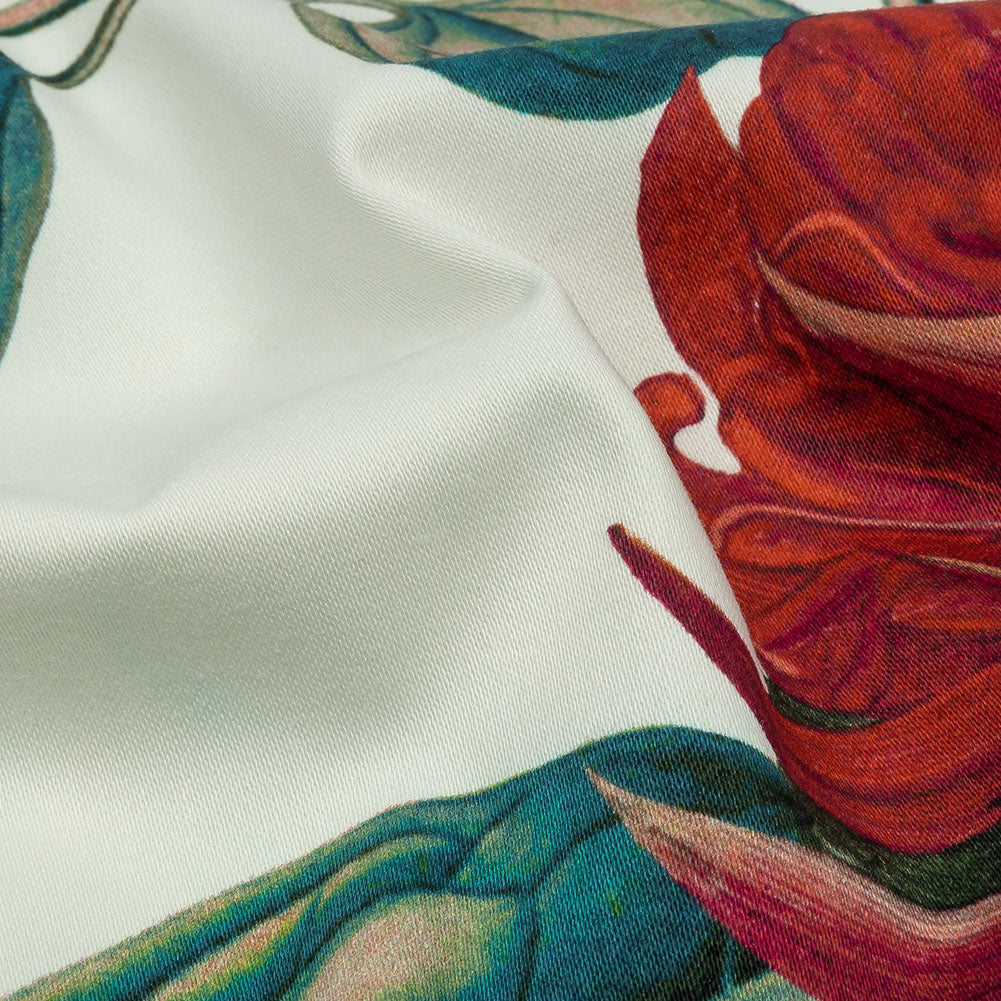 Stretch Cotton Sateen - Red and Green Floral - Paintbrush Lily Print - Mood Exclusive Aloha Collection