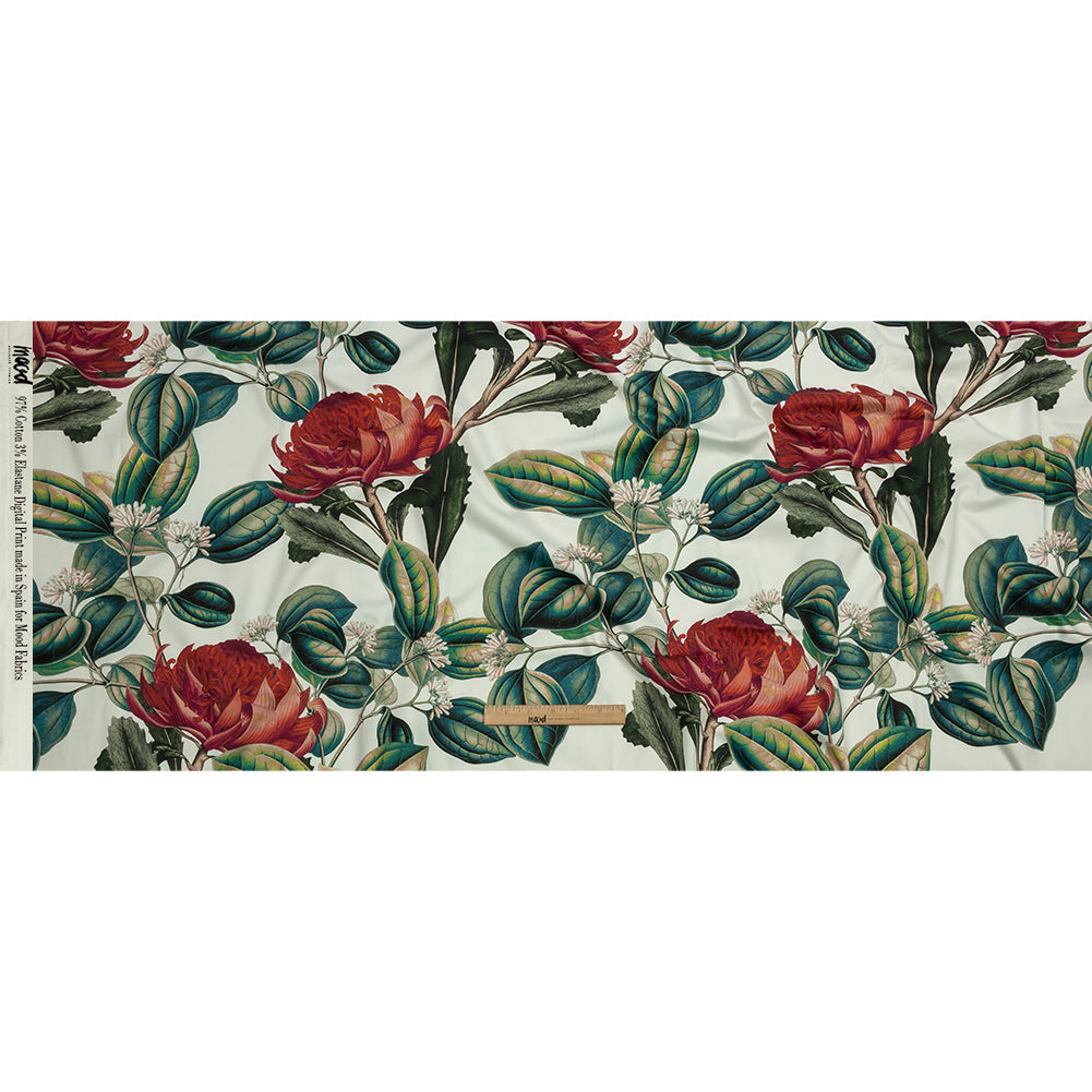 Stretch Cotton Sateen - Red and Green Floral - Paintbrush Lily Print - Mood Exclusive Aloha Collection
