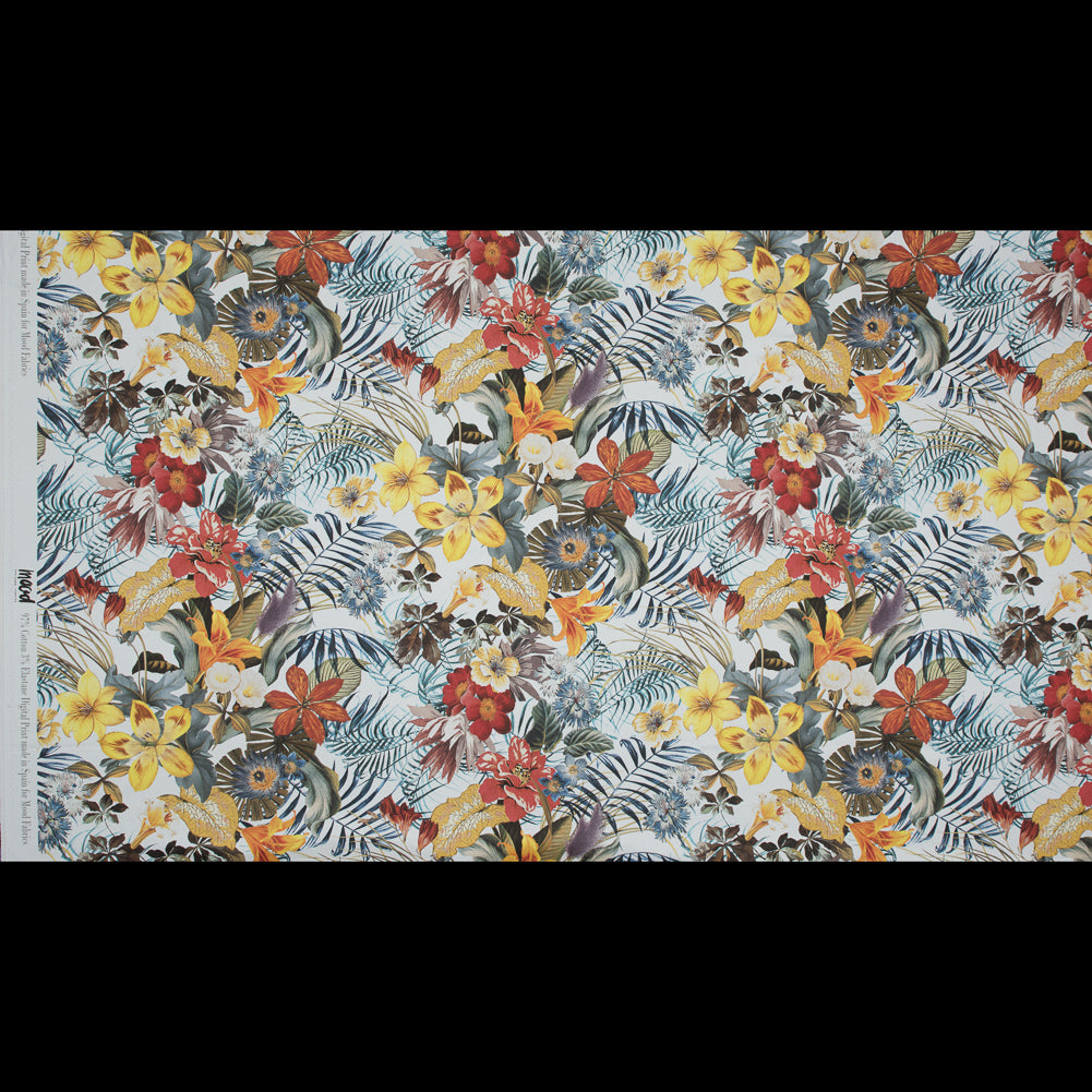 Stretch Cotton Sateen - Blue and Yellow Tropical Floral - Ganesh's Wisdom Print - Mood Exclusive Surya Collection
