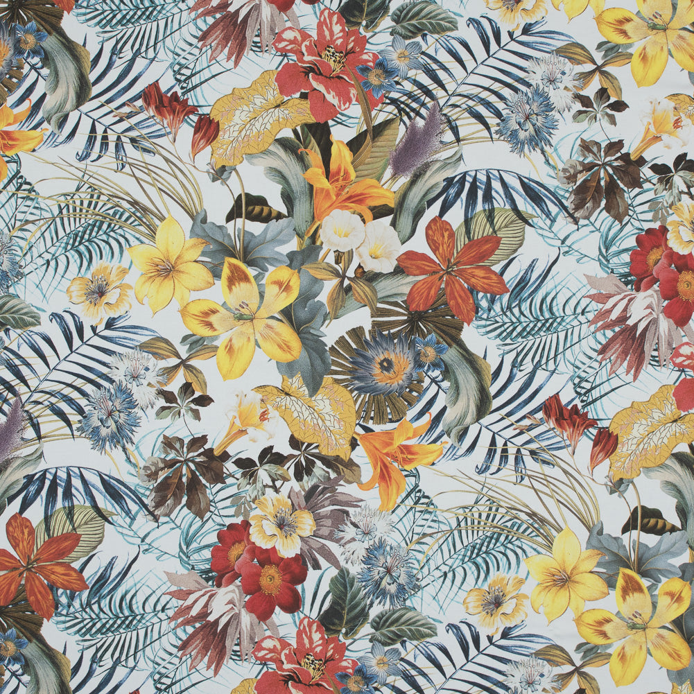 Stretch Cotton Sateen - Blue and Yellow Tropical Floral - Ganesh's Wisdom Print - Mood Exclusive Surya Collection