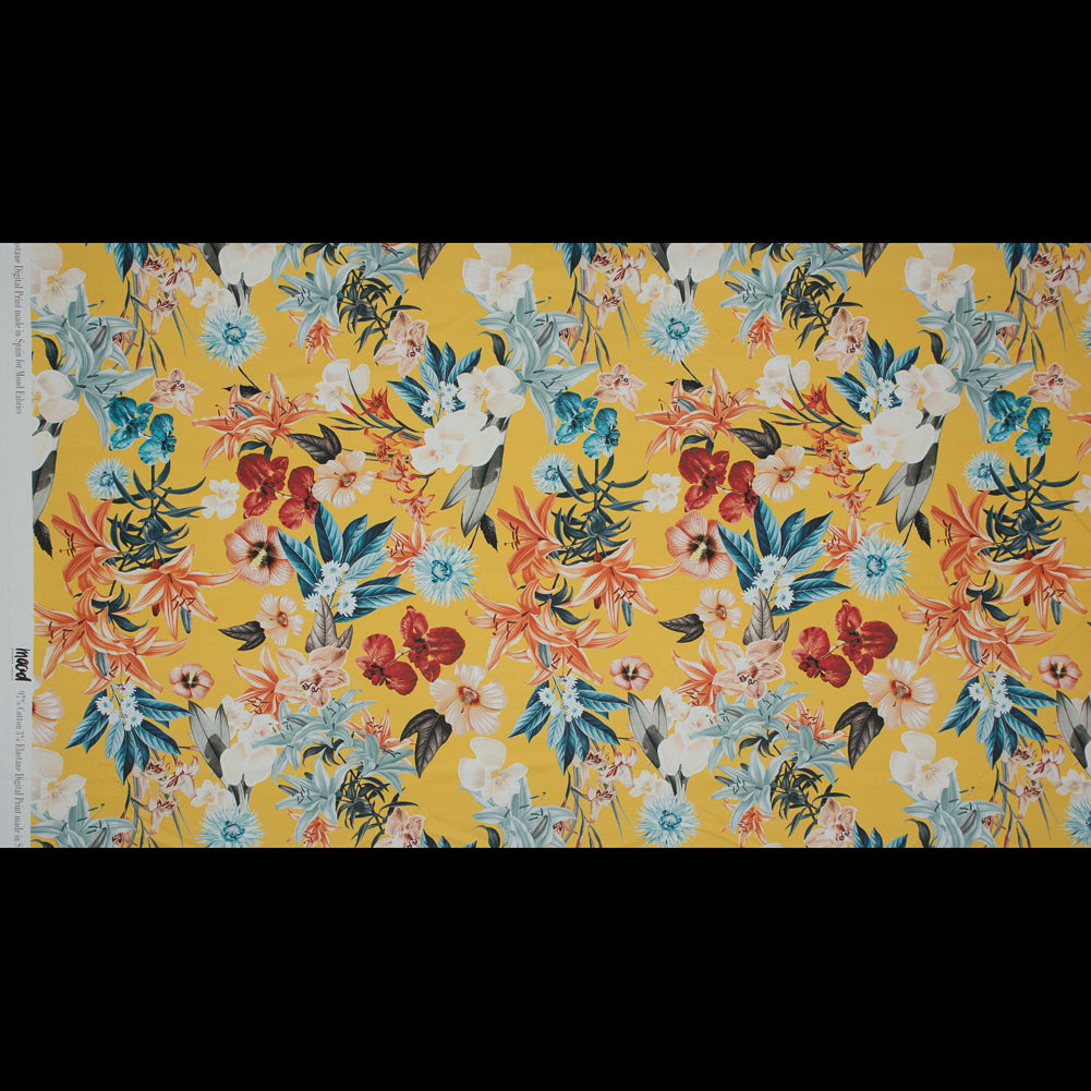 Stretch Cotton Sateen - Yellow Floral - Maharudra Shiva's Determination Print - Mood Exclusive Surya Collection