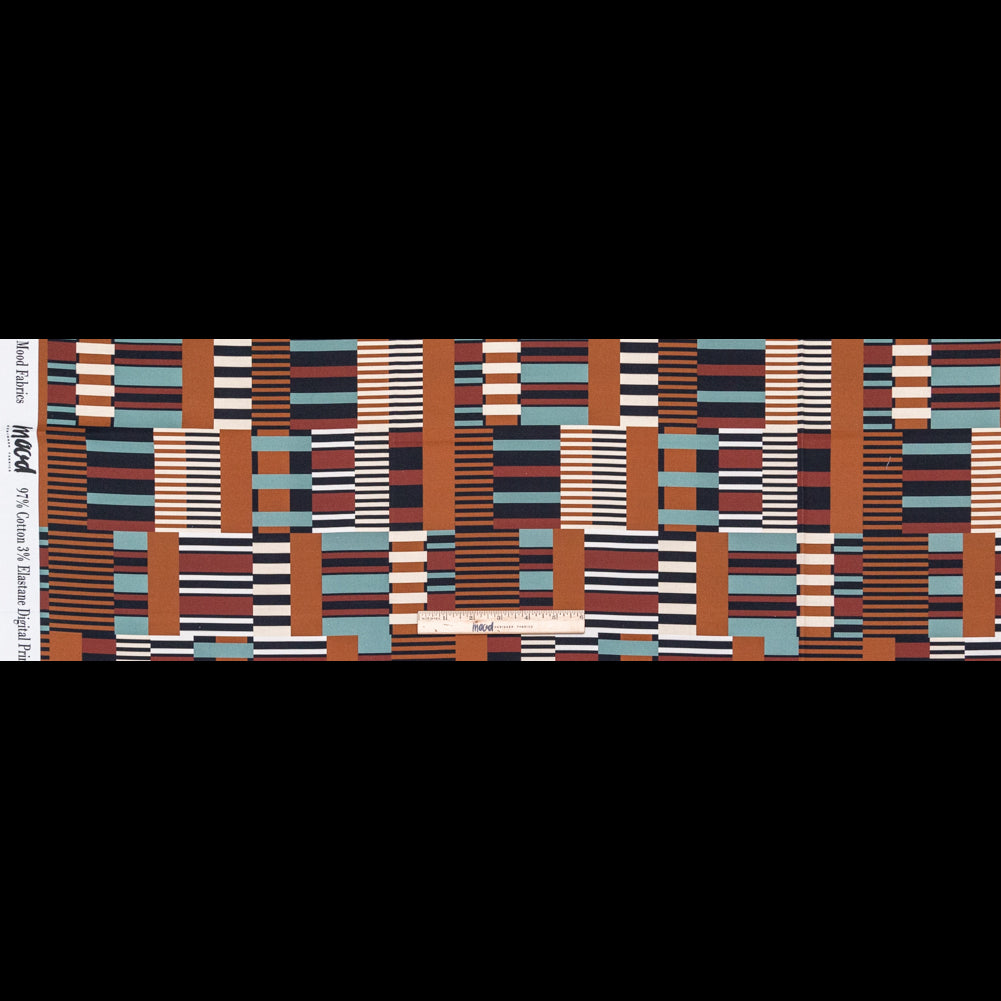 Stretch Cotton Sateen - Blue and Brown Geometric - Kernel of Truth Print - Mood Exclusive Harvest Collection