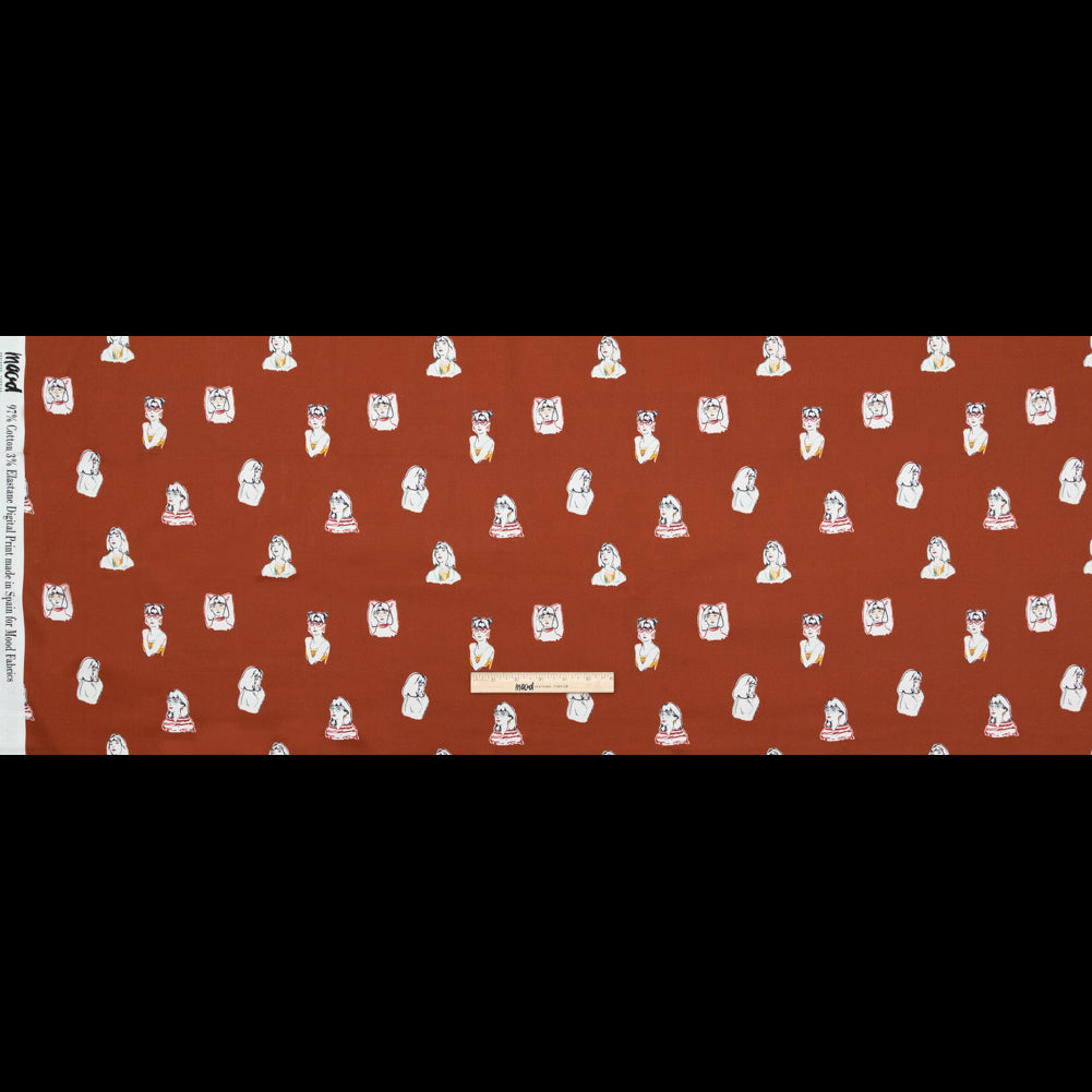 Stretch Cotton Sateen - Rust Faces - Run the World Print - Mood Exclusive Harvest Collection