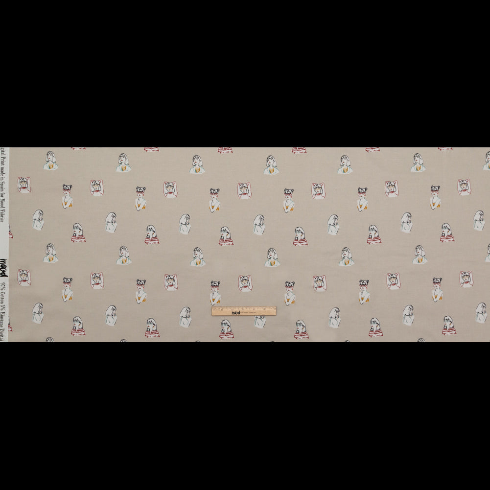 Stretch Cotton Sateen - Beige Faces - Run the World Print - Mood Exclusive Harvest Collection