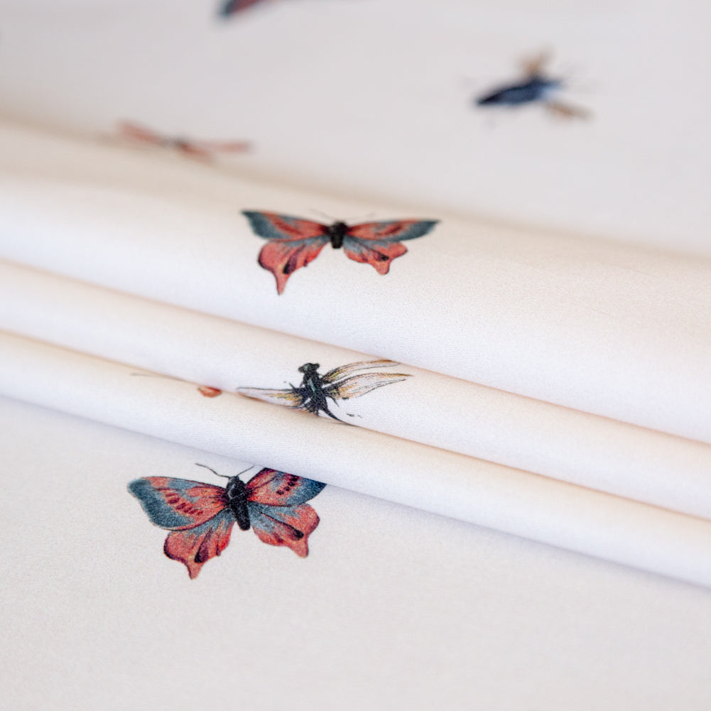 Stretch Cotton Sateen - Cream Insects - Butterfly Effect Print - Mood Exclusive Harvest Collection