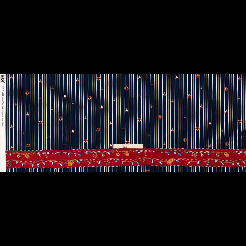 Stretch Polyester Crepe Panel - Nautical Treasures and Stripes - Sailboat Treasures Print - Mood Exclusive St. Tropez Collection
