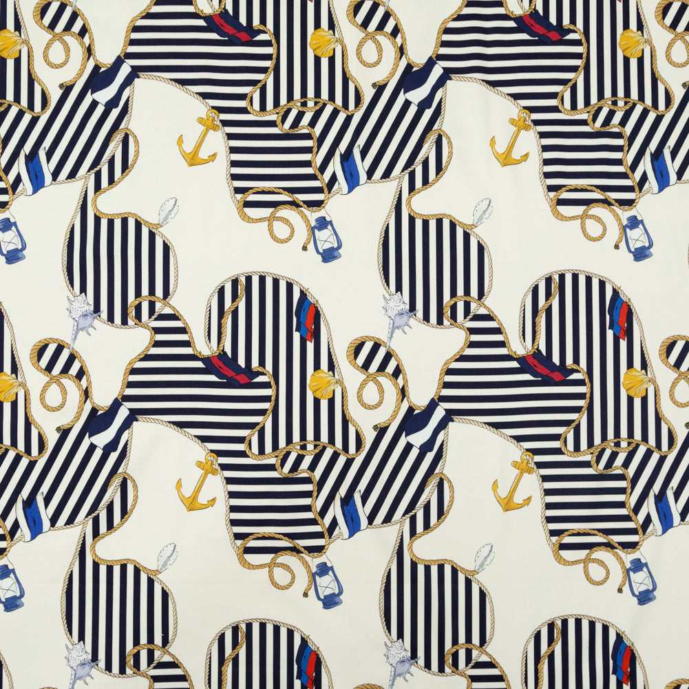 Stretch Cotton Sateen Panel - Ship Wheels and Stripes - Maritime Adornments Print - Mood Exclusive St. Tropez Collection