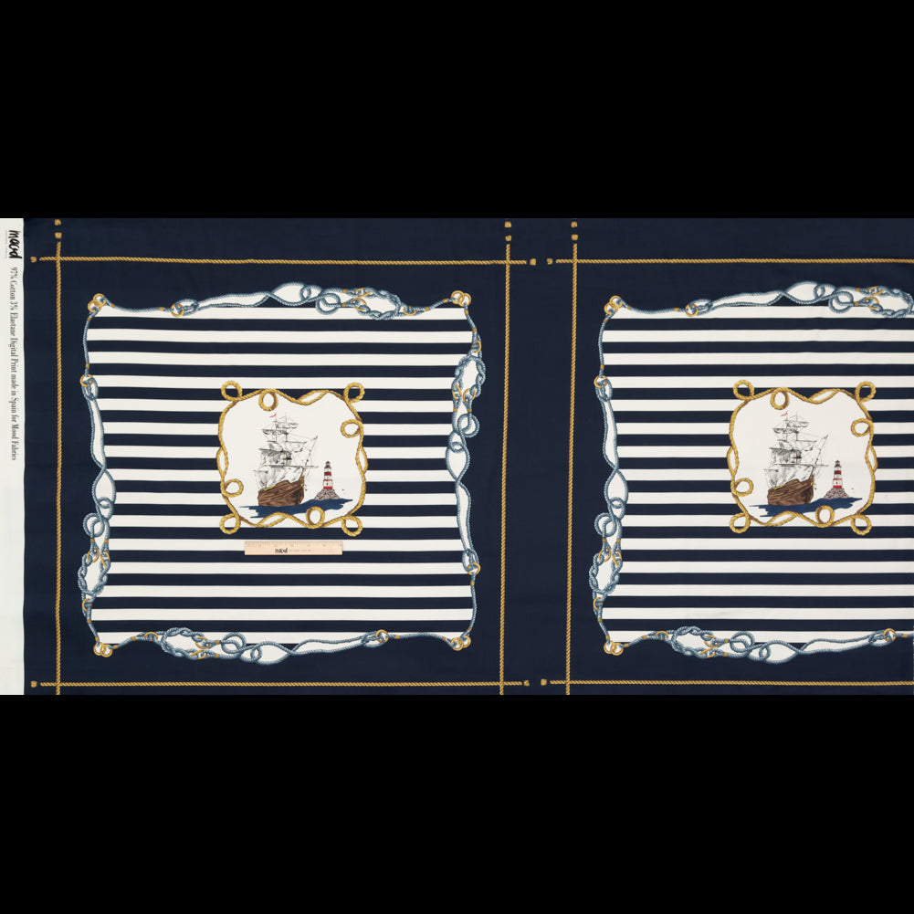 Stretch Cotton Sateen Panel - Navy and Gold Stripes and Ropes - Lighthouse Adventures Print - Mood Exclusive St. Tropez Collection