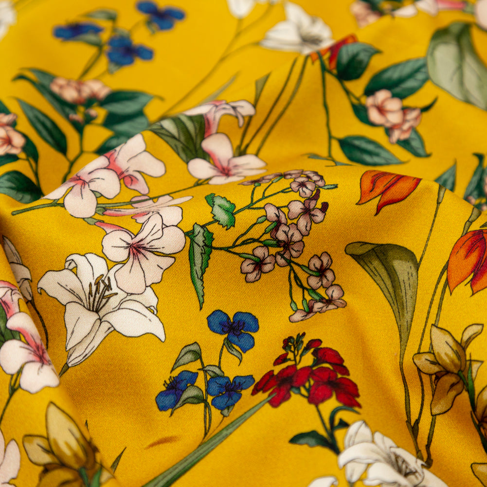 Stretch Cotton Sateen - Yellow Floral - Mediterranean Dreams Print - Mood Exclusive St. Tropez Collection