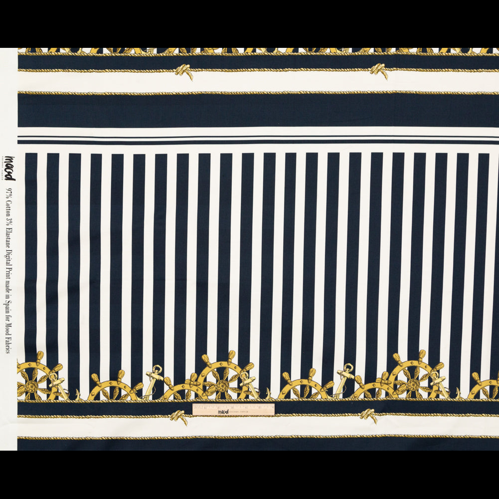 Stretch Cotton Sateen Panel - Ship Wheels and Stripes - Maritime Adornments Print - Mood Exclusive St. Tropez Collection