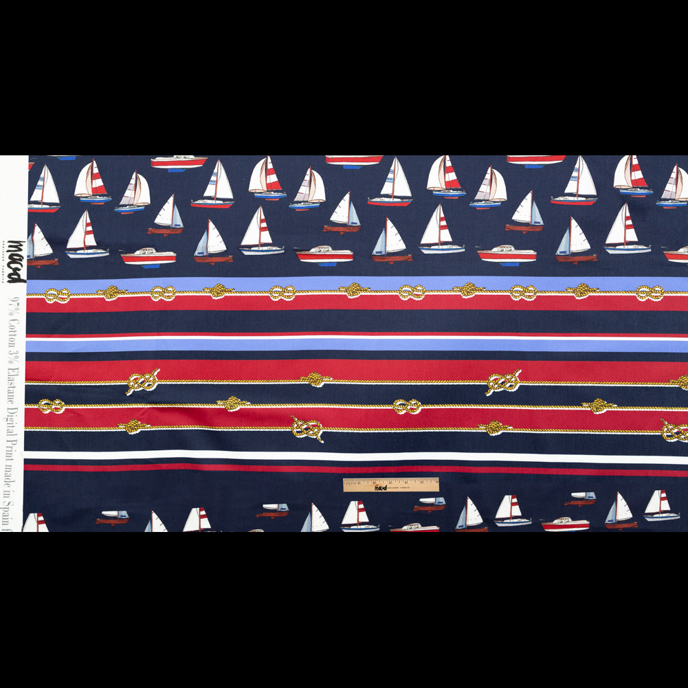 Stretch Cotton Sateen Panel - Red, White and Blue Sailboats and Stripes - Shipyard Surveys Print - Mood Exclusive St. Tropez Collection