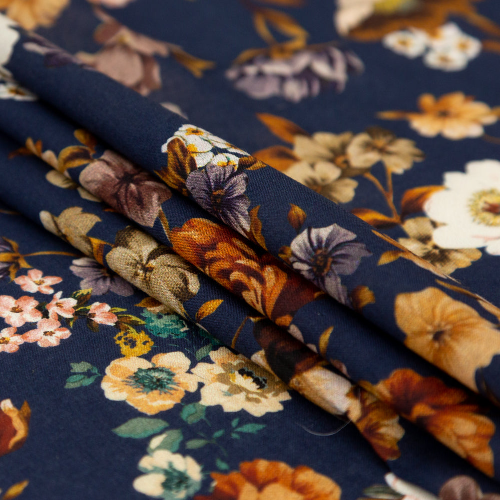 Cotton Voile - Navy and Orange Floral - Floral Dreams Print - Mood Exclusive St. Tropez Collection