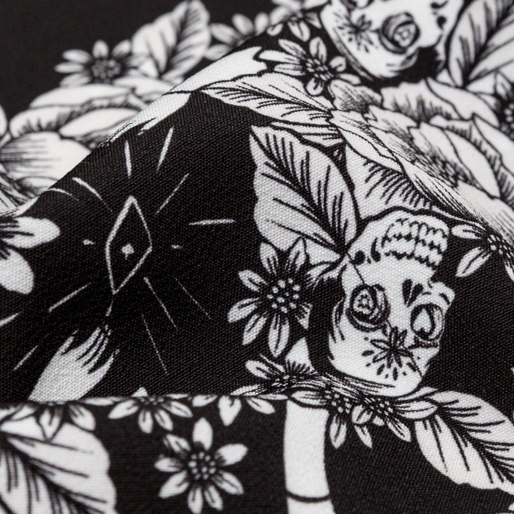 Stretch Polyester Crepe - Black and Star White Roses - Prophetic Dreams Print - Mood Exclusive Crow Collection