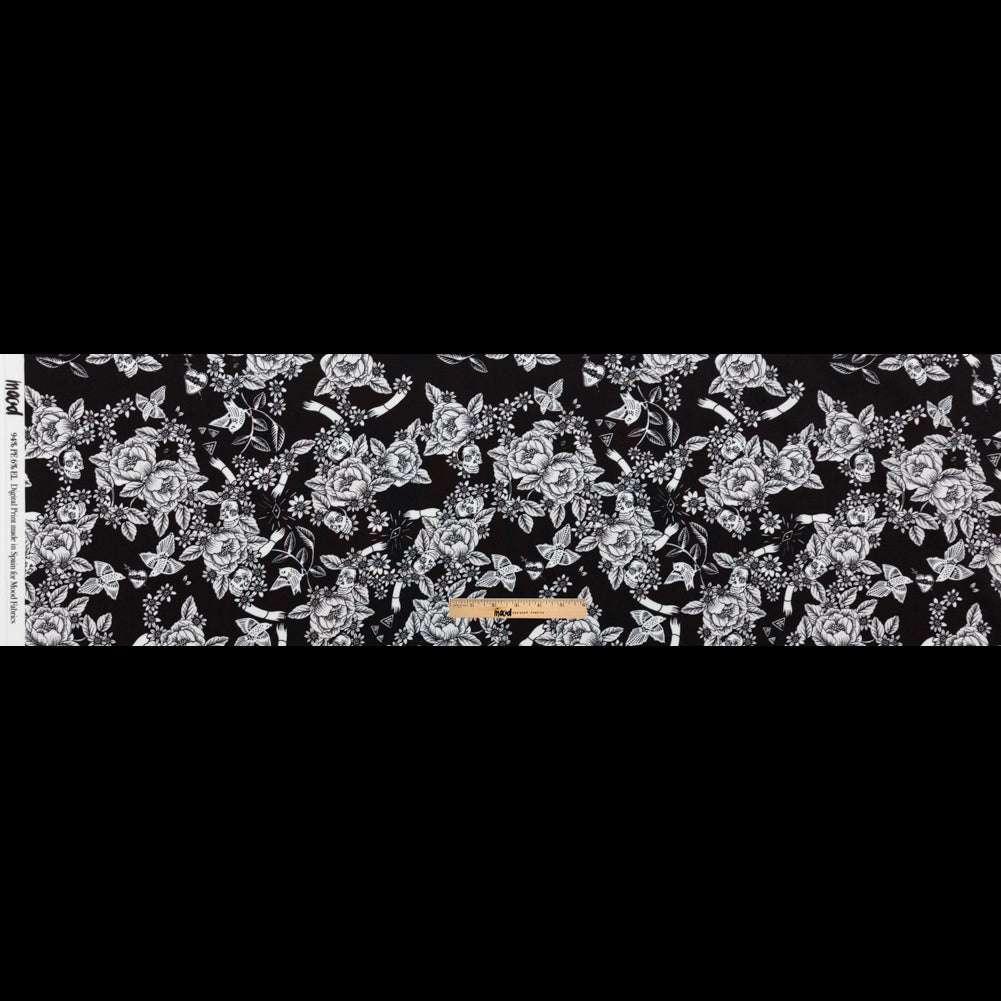 Stretch Polyester Crepe - Black and Star White Roses - Prophetic Dreams Print - Mood Exclusive Crow Collection