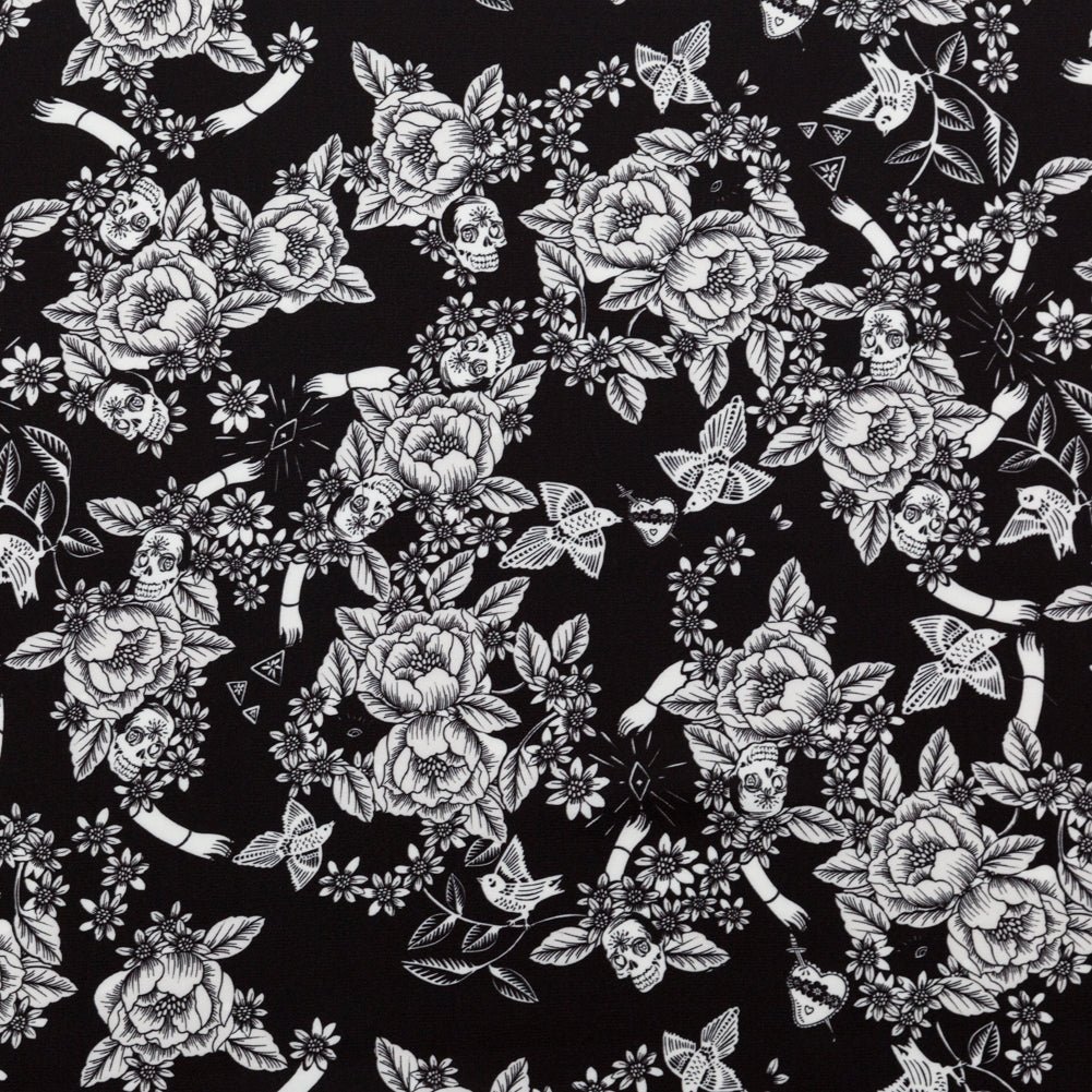 Stretch Polyester Crepe - Black and Star White Roses - Prophetic Dreams Print - Mood Exclusive Crow Collection