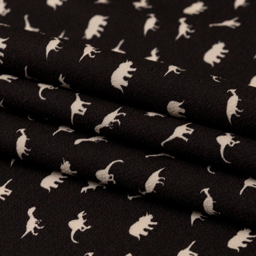 Stretch Polyester Crepe - Black and White Dinosaurs - Allegorical Dreams and Presentiments Print - Mood Exclusive Crow Collection