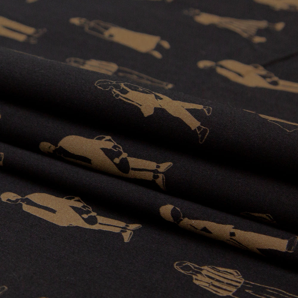 Stretch Cotton Sateen - Black and Beige People - Double Dreaming and Trance Print - Mood Exclusive Crow Collection