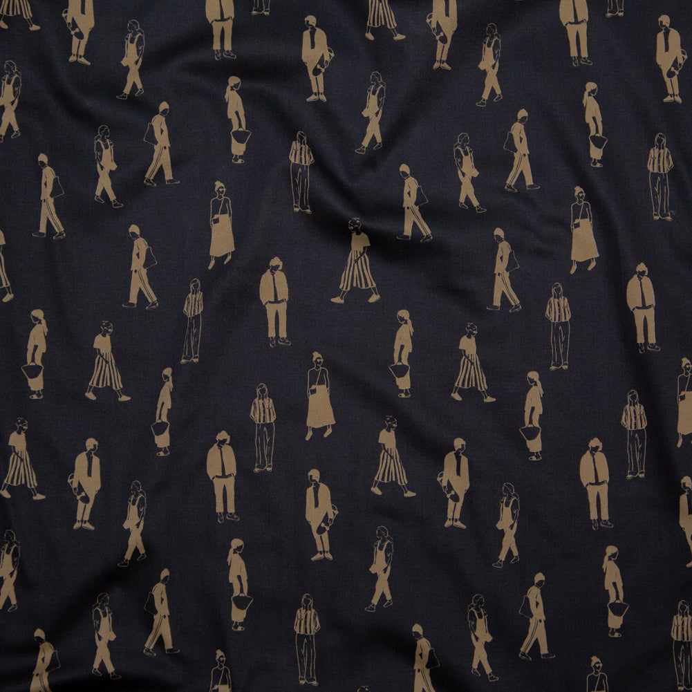 Stretch Cotton Sateen - Black and Beige People - Double Dreaming and Trance Print - Mood Exclusive Crow Collection