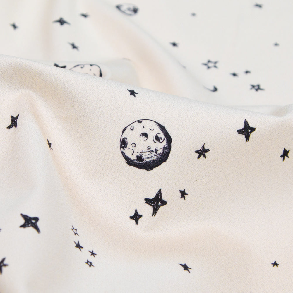 Stretch Cotton Sateen - White Stars and Moons - Garde Chasse Print - Mood Exclusive Crow Collection