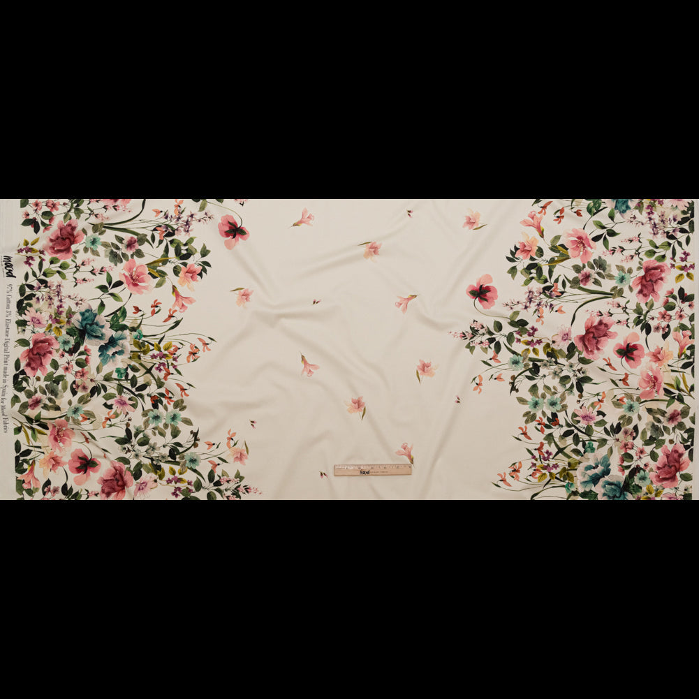 Stretch Cotton Sateen - White and Green Floral Border - Frolicking Florescence Print - Mood Exclusive Serengeti Collection