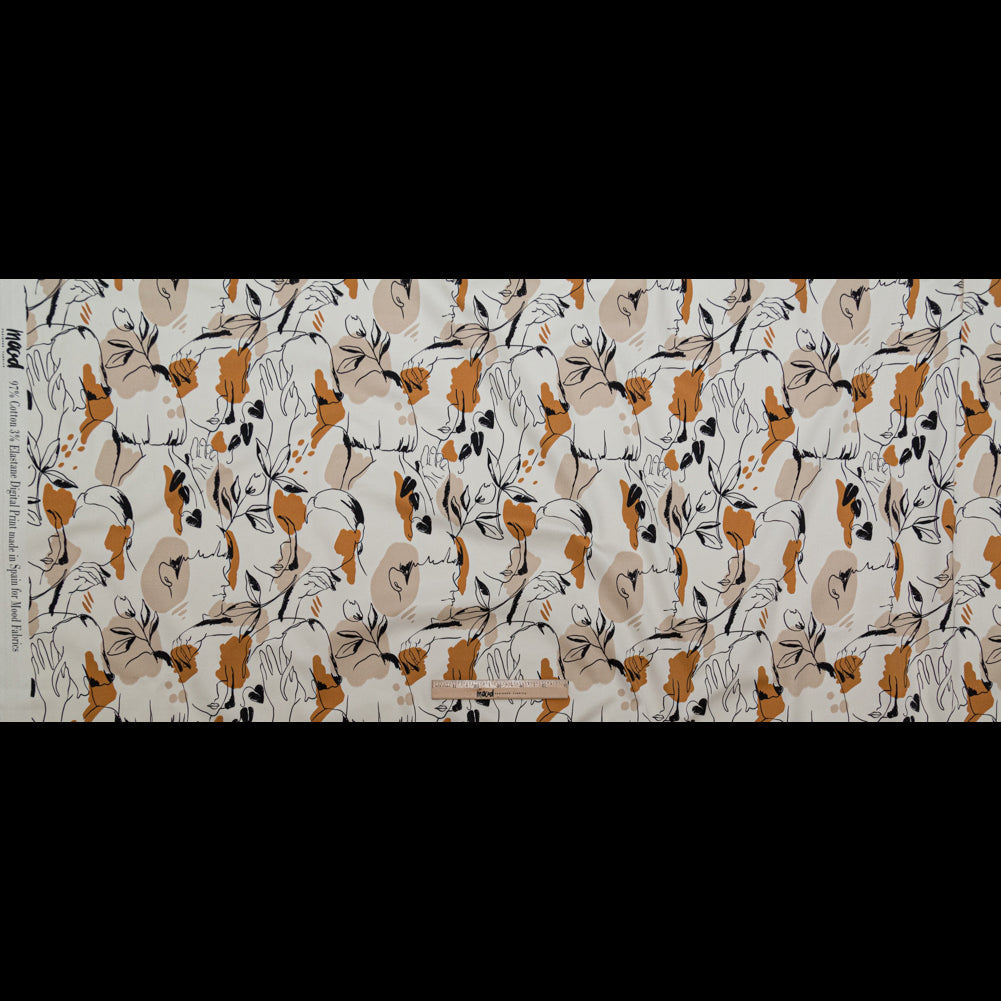 Stretch Cotton Sateen - White Figure Lines - Contoured Personage Print - Mood Exclusive Serengeti Collection