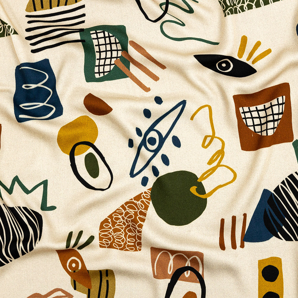 Rayon Challis - Cream and Multicolored Doodles - Sundry Symbols Print - Mood Exclusive Tumunyana Collection