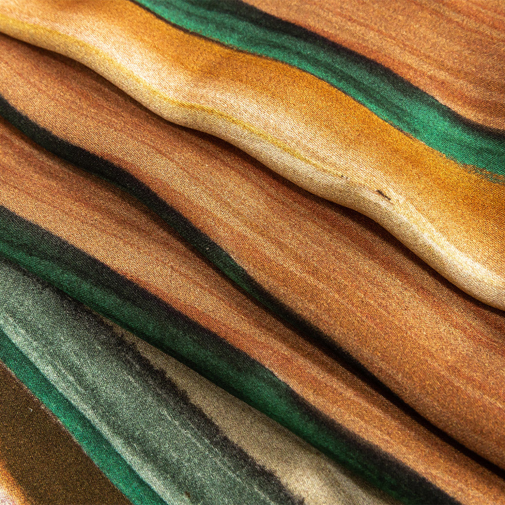 Rayon Challis - Orange and Teal Painted Stripes - Nilotic Wasteland Print - Mood Exclusive Tumunyana Collection