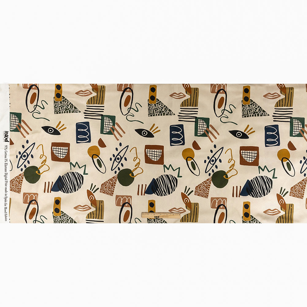 Stretch Cotton Sateen - Cream and Multicolored Doodles - Sundry Symbols Print - Mood Exclusive Tumunyana Collection