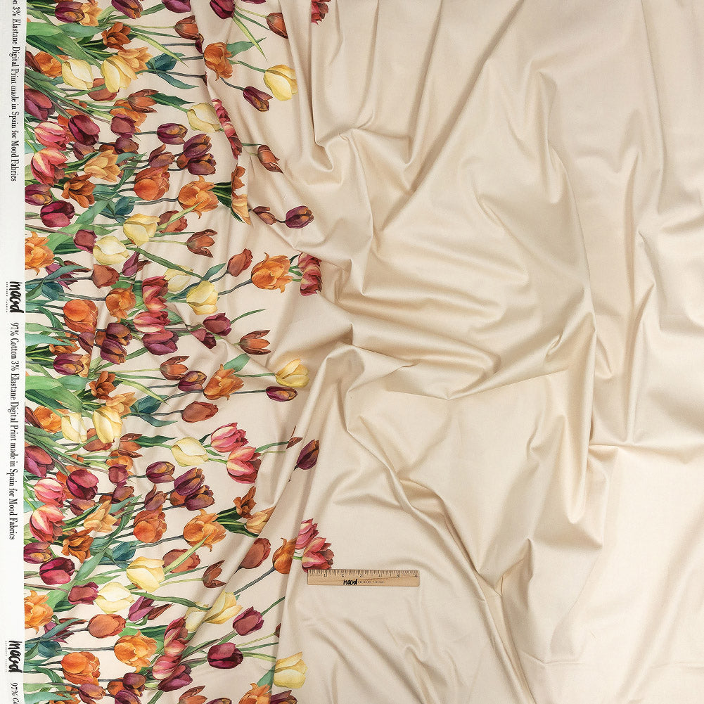 Stretch Cotton Sateen - Pink, Red and Yellow Tulips Border - Camminata Print - Mood Exclusive Viso Collection