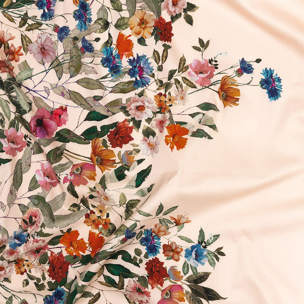 Stretch Cotton Sateen - Pink and Multicolor Floral Border - Adagio Print - Mood Exclusive Viso Collection