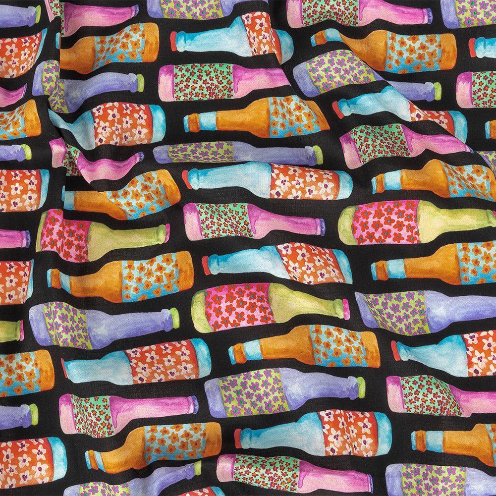 Cotton Voile - Rainbow Bottles on Black - Pop Bottle Parade Print - Mood Exclusive Sugar Collection