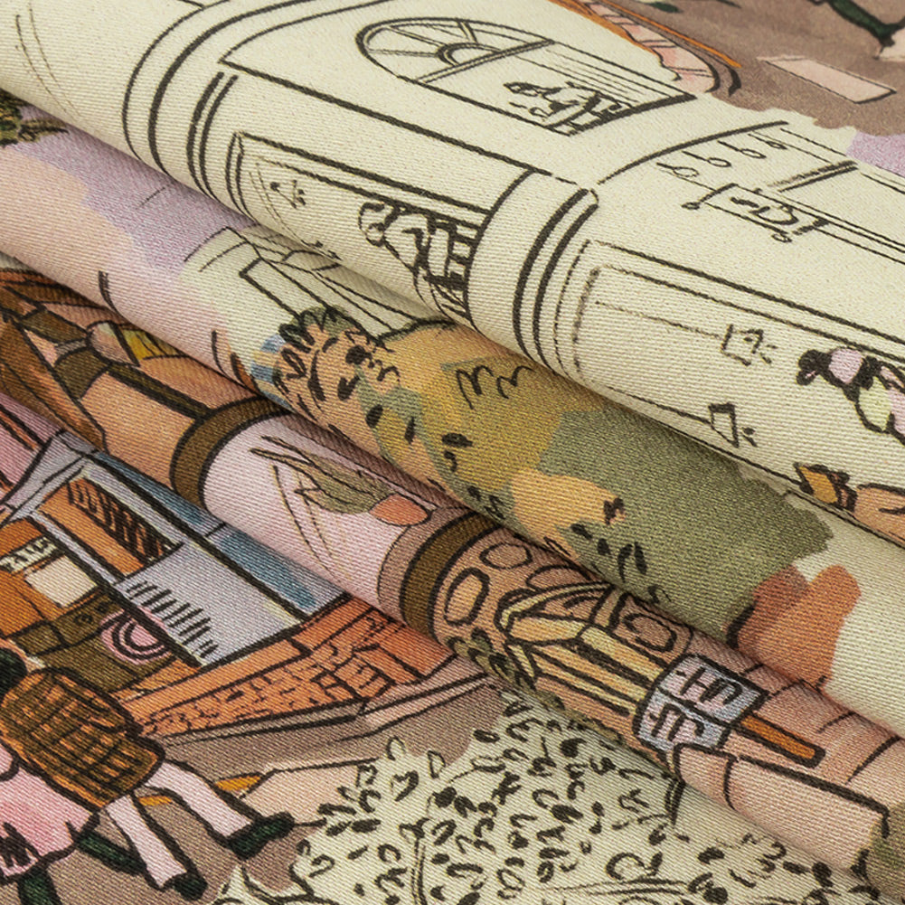 Stretch Cotton Sateen - Multicolor Streetscapes and Trees - Growing Roots Print - Mood Exclusive Wisteria Collection