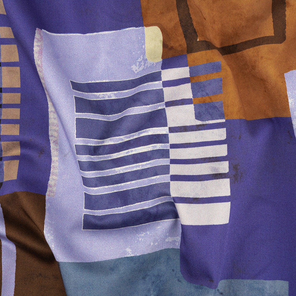 Stretch Cotton Sateen Panel - Purple and Brown Painterly Geometric - Around the Block Print - Mood Exclusive Wisteria Collection