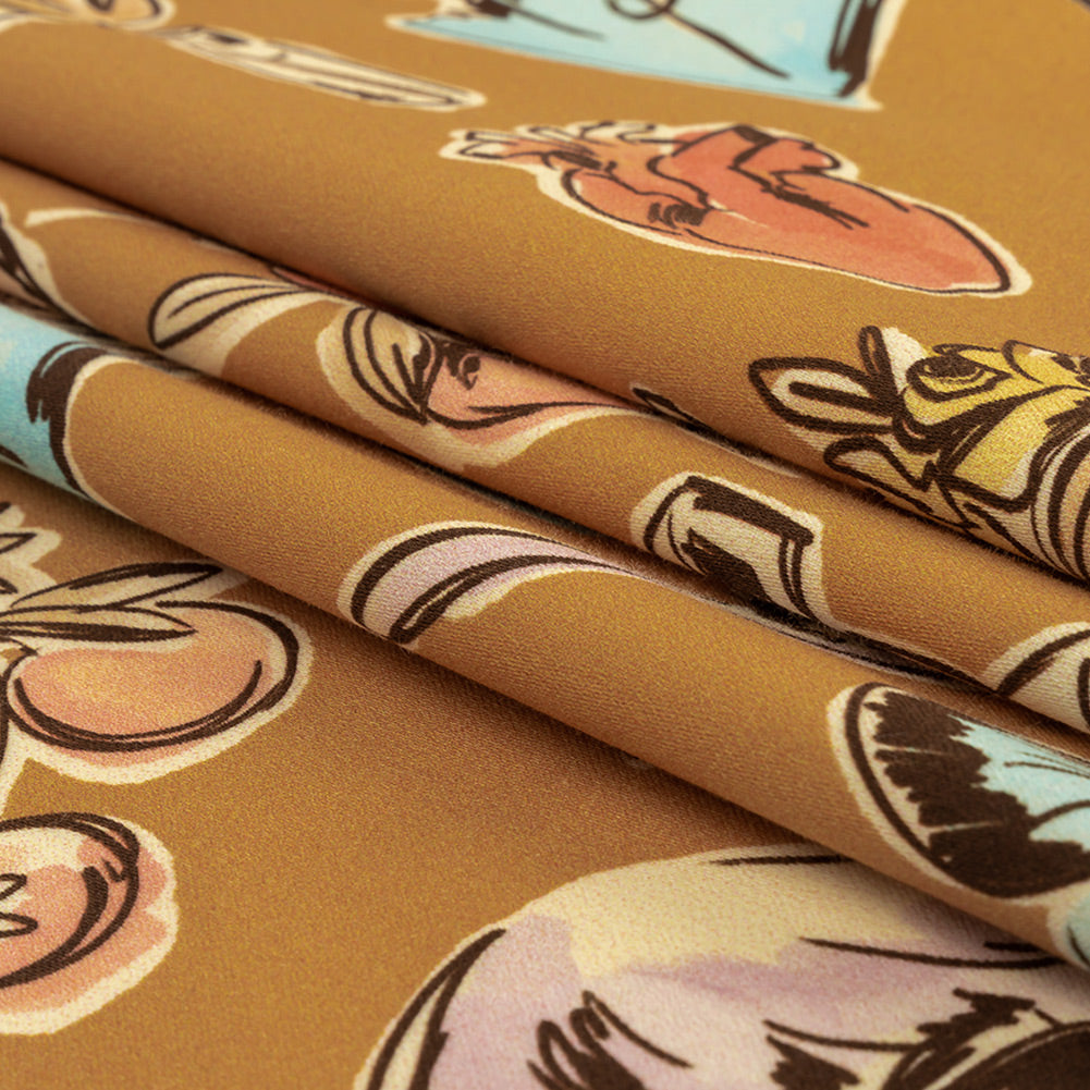 Stretch Cotton Sateen - Golden Faces and Objects - Everyday Goddess Print - Mood Exclusive Wisteria Collection