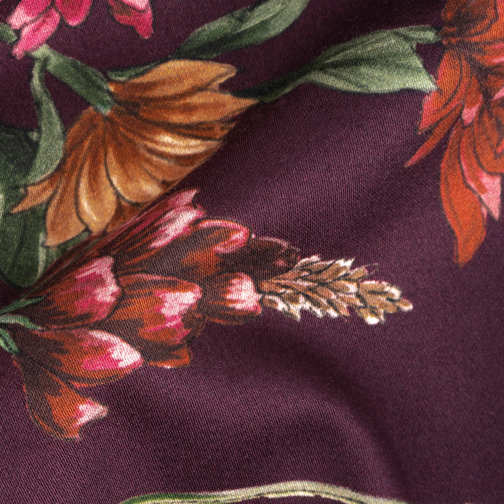 Stretch Cotton Sateen - Dark Purple Floral - Wild Fantasia Print - Mood Exclusive Wisteria Collection