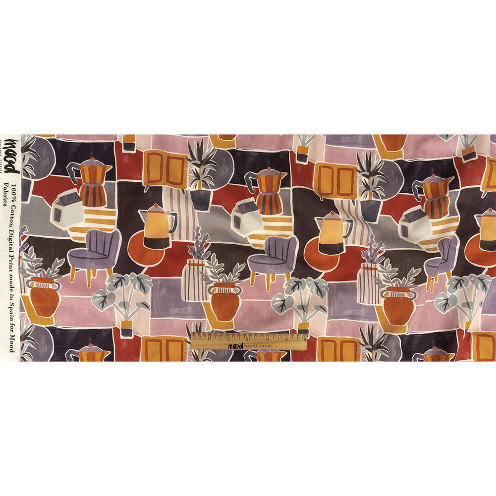 Cotton Voile - Purple and Orange Plants and Furniture - Peaceful Waking Print - Mood Exclusive Wisteria Collection