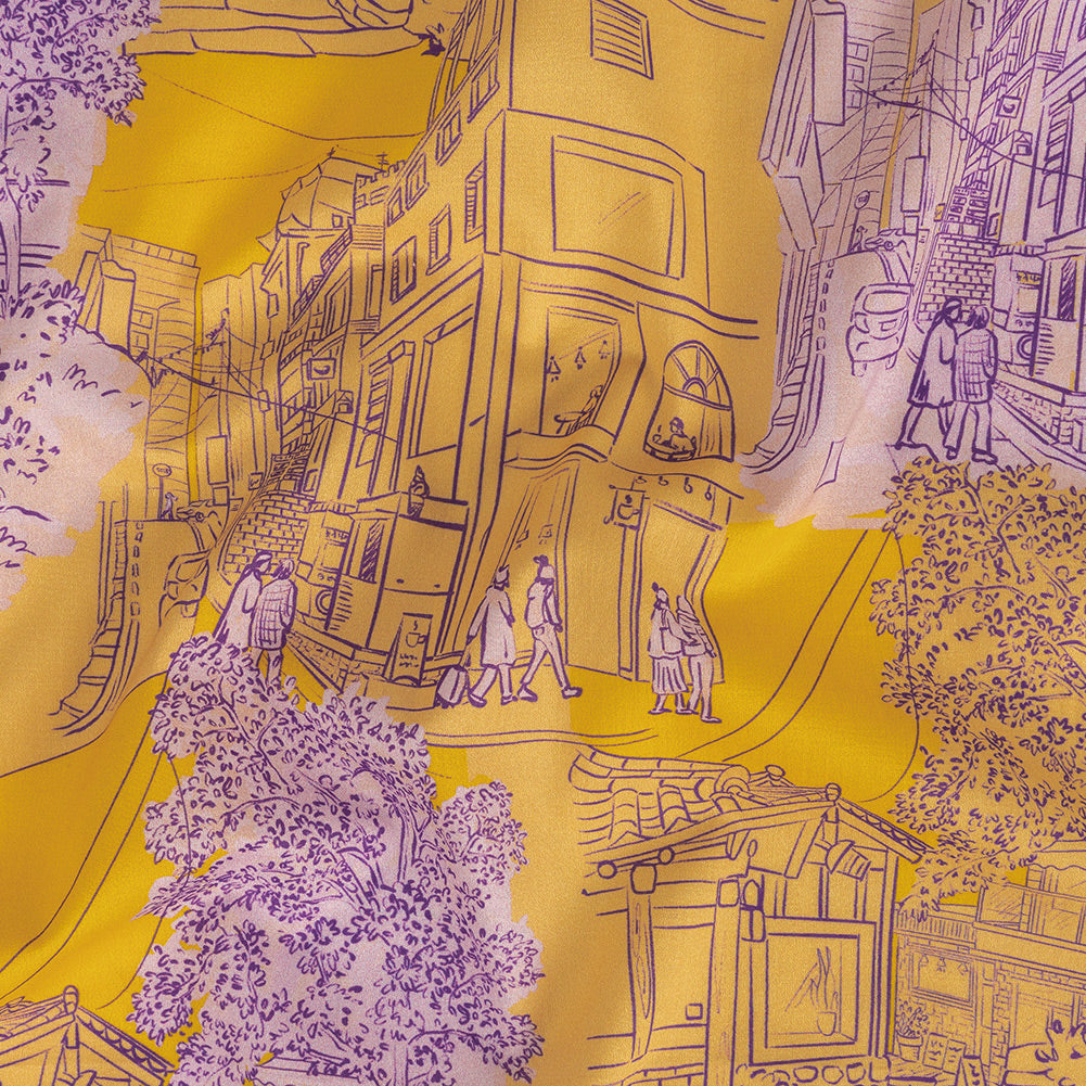 Cotton Voile - Orange and Fair Orchid Streetscapes and Trees - Growing Roots Print - Mood Exclusive Wisteria Collection