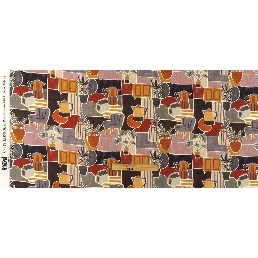 Linen and Rayon Woven - Purple and Orange Plants and Furniture - Peaceful Waking Print - Mood Exclusive Wisteria Collection