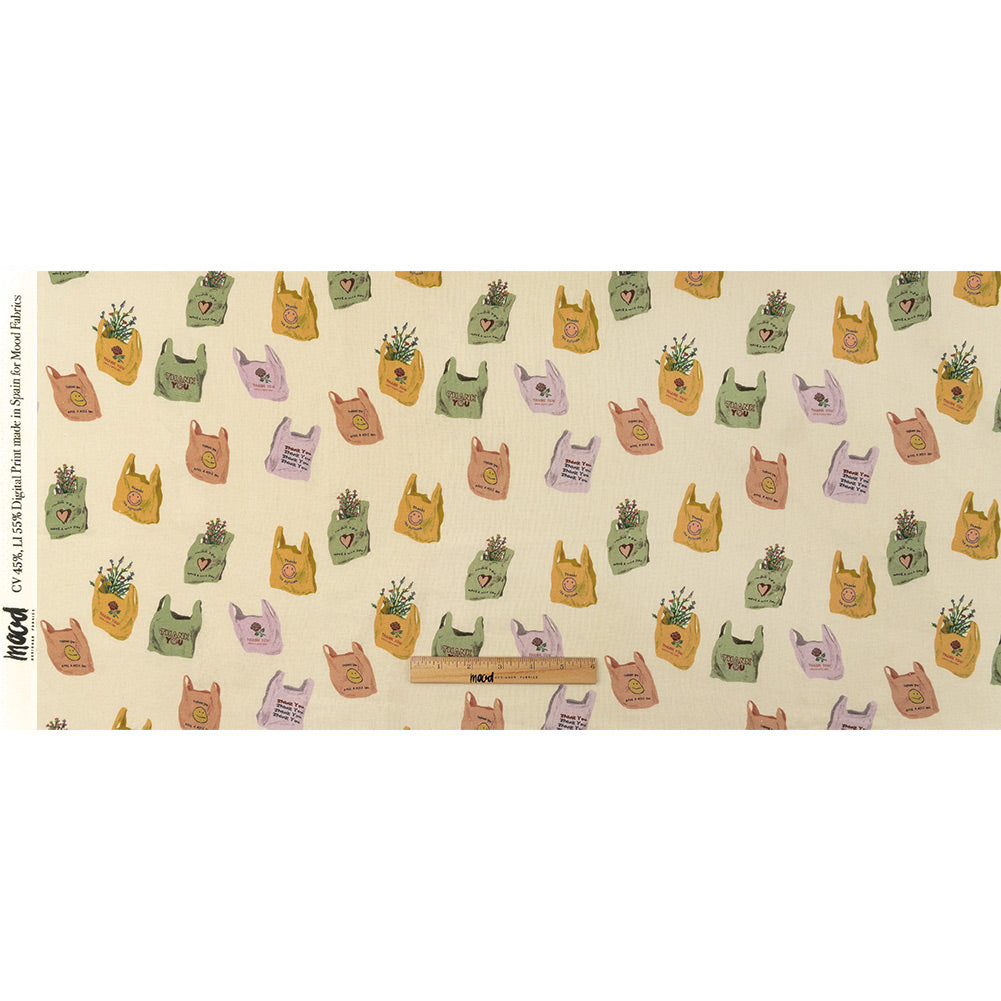 Linen and Rayon Woven - Purple, Yellow and Green Shopping Bags - Come Again Soon Print - Mood Exclusive Wisteria Collection