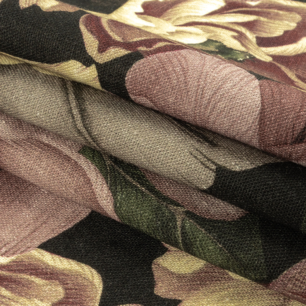 Linen and Rayon Woven - Black and Plum Floral - Vision of Romance Print - Mood Exclusive Wisteria Collection
