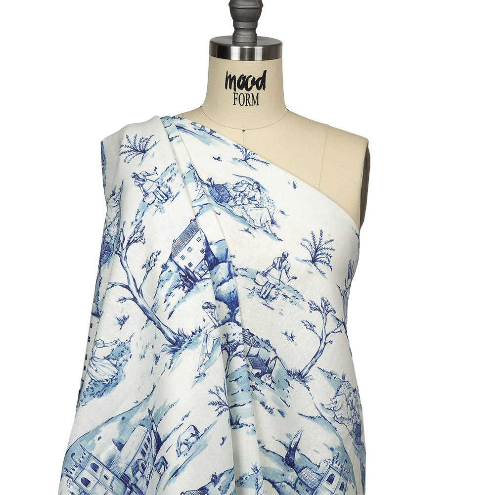 Linen and Rayon Woven - Blue and White Toile - Blue Period Print - Mood Exclusive Indigo Collection