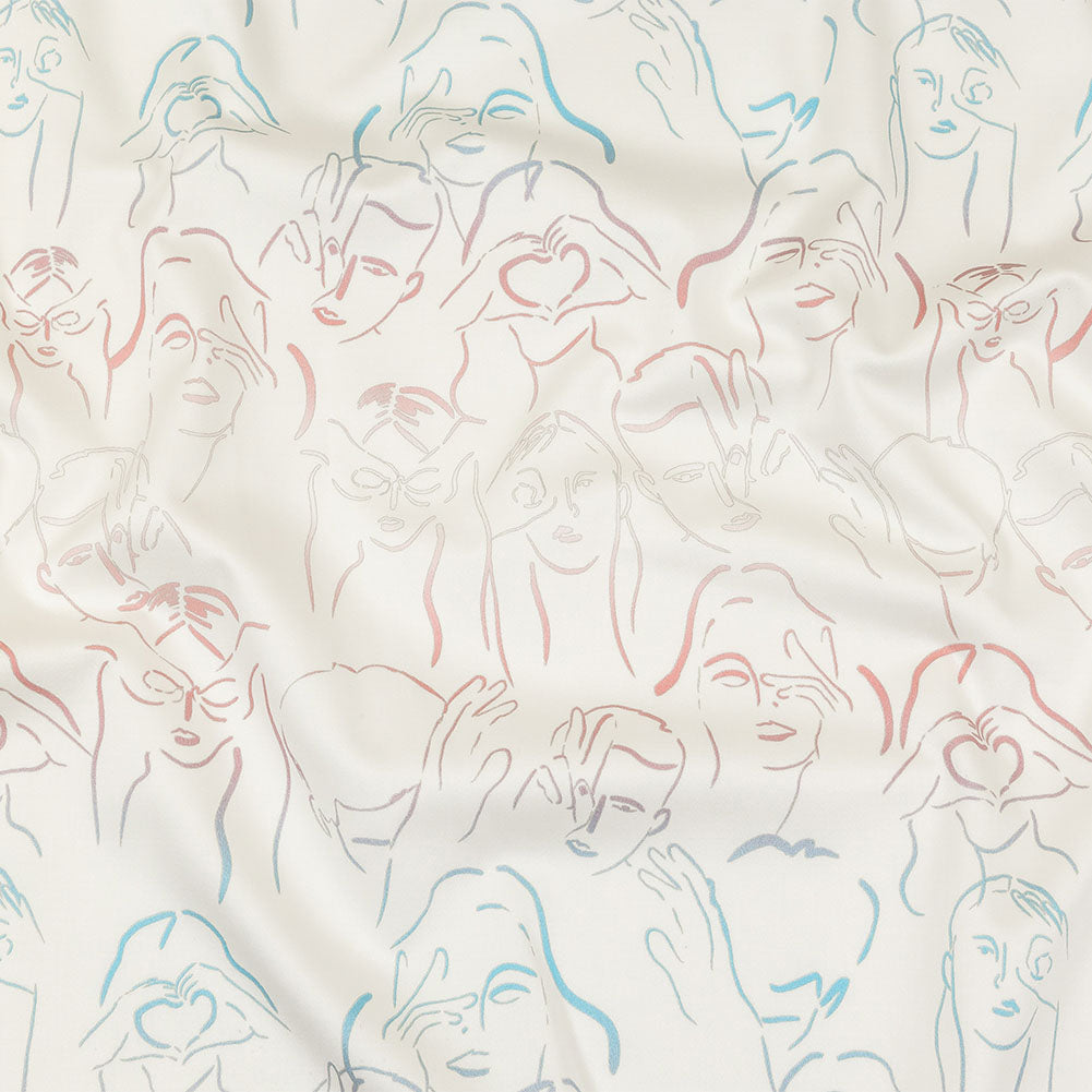 Stretch Cotton Sateen - Pink, White and Blue Faces and Hands - Language of Love Print - Mood Exclusive Pride Collection