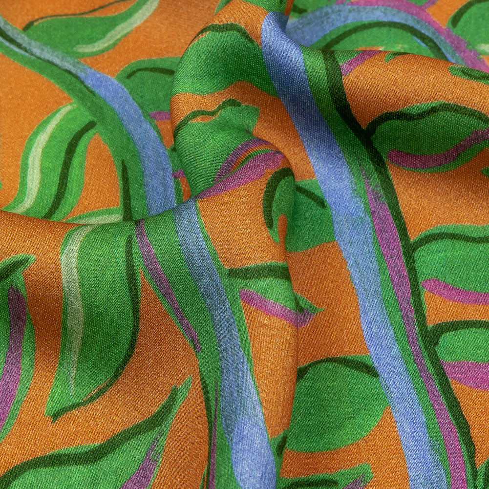 Rayon Challis - Orange and Green Foliage - Looking Vine Print - Mood Exclusive Citrus Collection