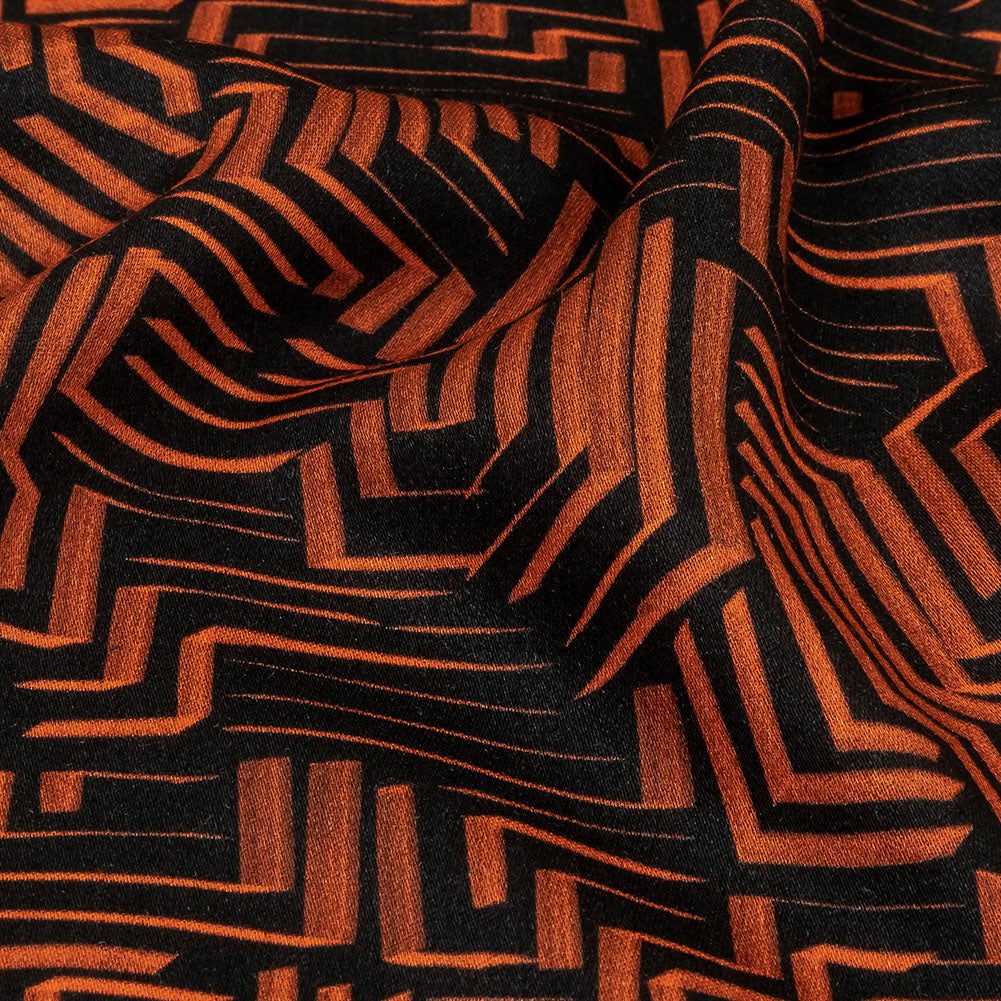 Rayon Challis - Black and Orange Geometric Lines - Ci-Trust the Process Print - Mood Exclusive Citrus Collection