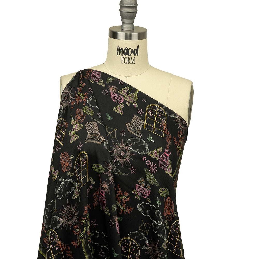 Rayon Challis - Black Trees and Windows - Summer Nights Print - Mood Exclusive Citrus Collection