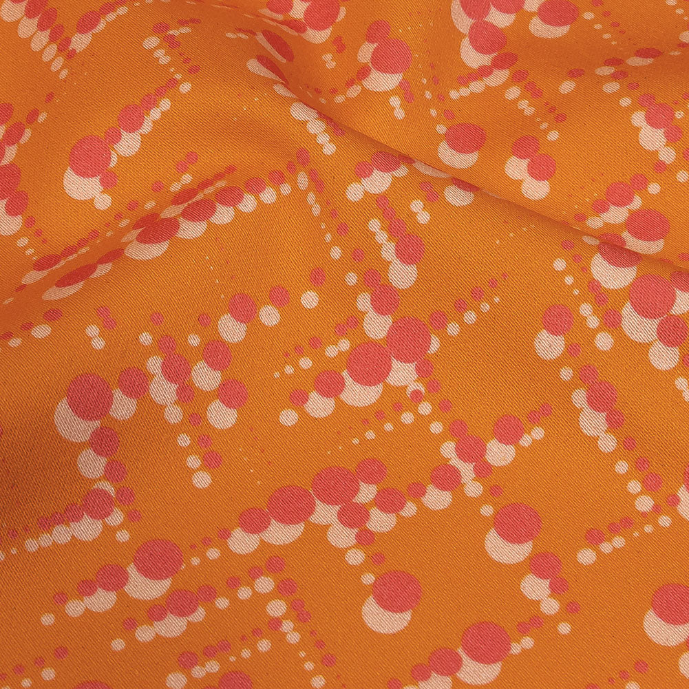 Stretch Cotton Sateen - Orange and Pink Dot Lines - Spot of Sunshine Print - Mood Exclusive Citrus Collection