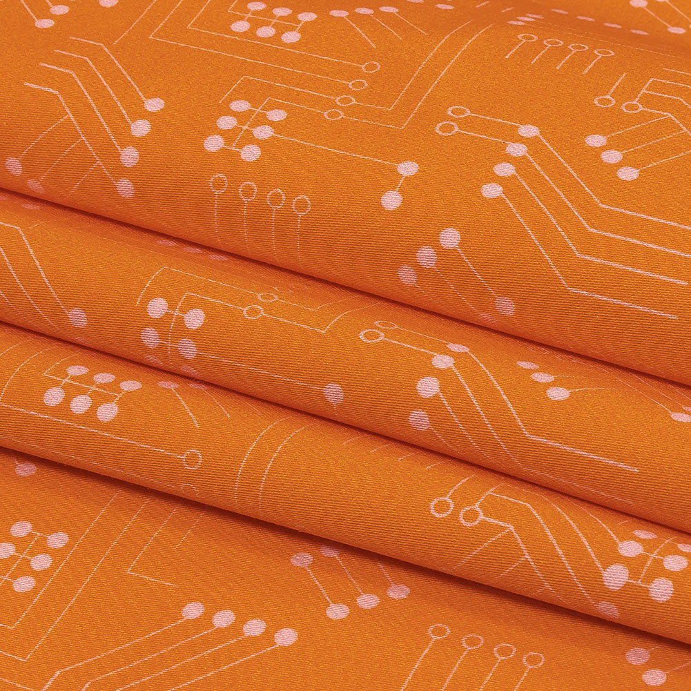 Stretch Cotton Sateen - Orange Circuit Board Dots - Circuit Breaker Print - Mood Exclusive Citrus Collection