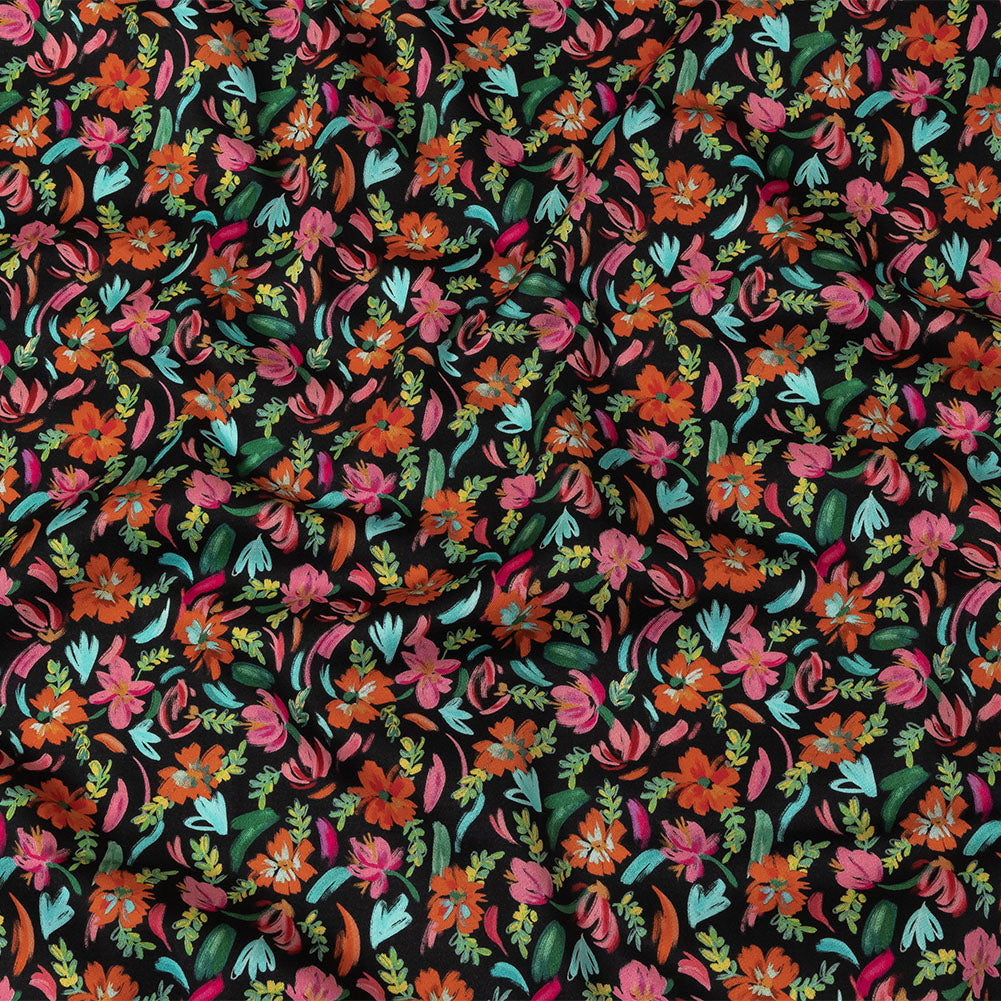 Stretch Cotton Sateen - Pink, Blue and Black Floral - Confetti Fete Print - Mood Exclusive Citrus Collection